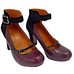 Chie Mihara Shoes Mod Mary Jane Pumps Suede Leather Heels SZ 37.5 Burgundy/Black